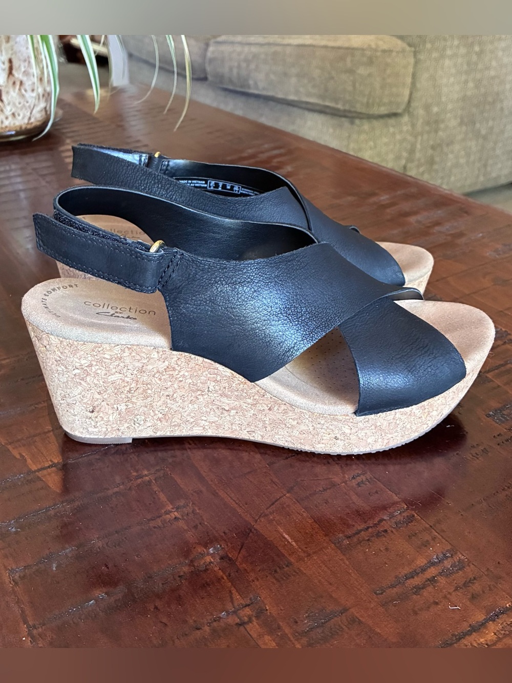Clarks Collection Annadel Eirwyn Black Leather Cork Wedge Slingback Sandals